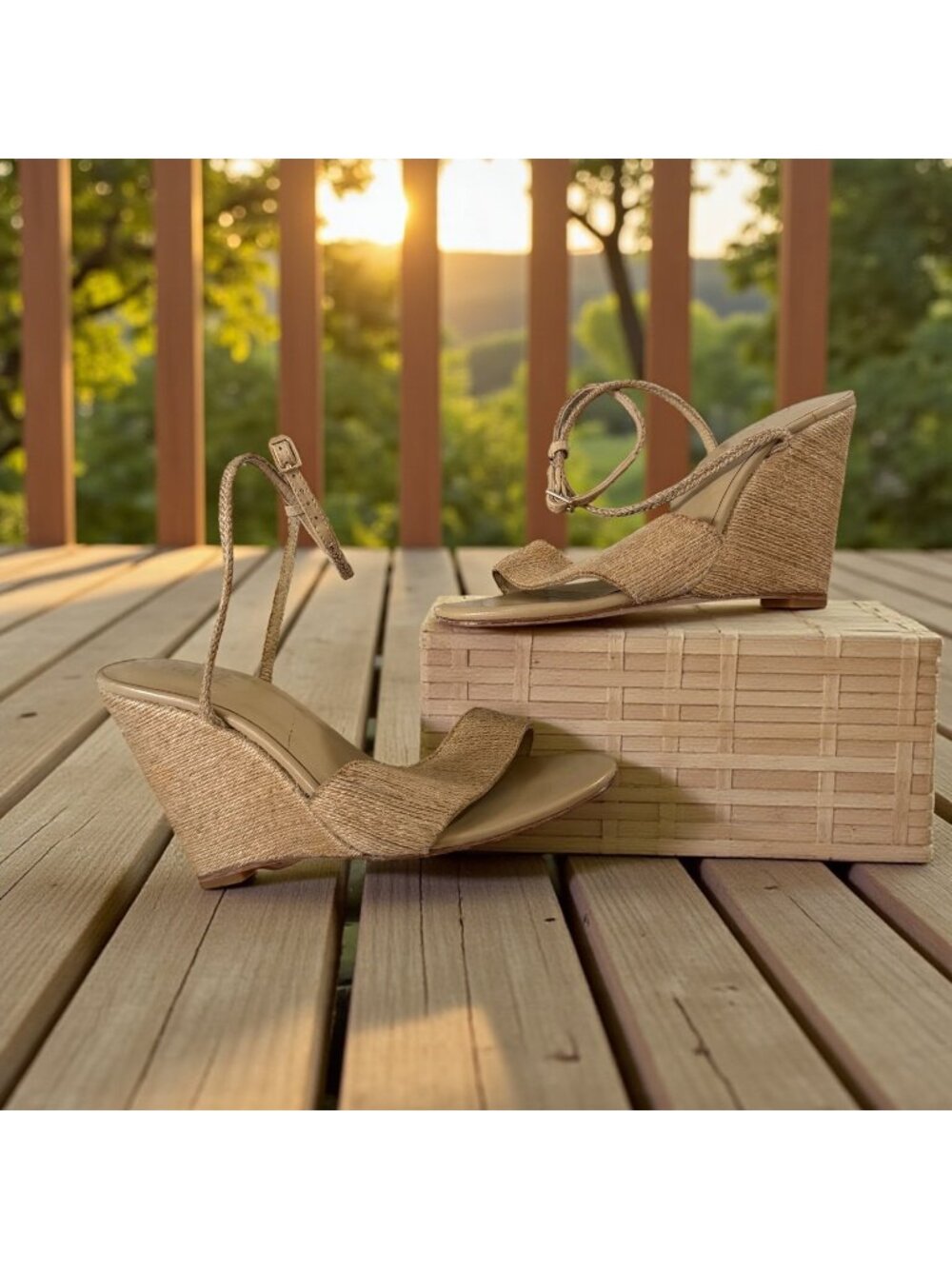 RAYE Straw Ankle Strap Wedges Sandals Size 9.5